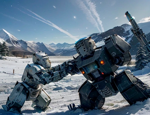 (((A humanoid polar bear ))fight fiercely against a ((Battle robot))), Snowy scenery, ground with lots of snow, Frozen Mountains, There are no trees, there is no vegetation .