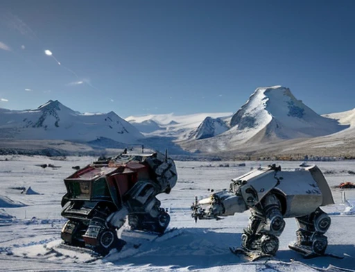 (((A humanoid polar bear ))fight fiercely against a ((Battle robot))), Snowy scenery, ground with lots of snow, Frozen Mountains, There are no trees, there is no vegetation .