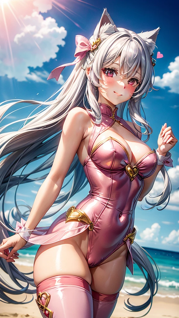 Silver hair, pink eyes, woman, sun and cloud background, pink red gold clothes, hair bows, happy face, mermaid outfit, sexy, cat ears, hearts, floating hearts, thigh up, thigh high tights