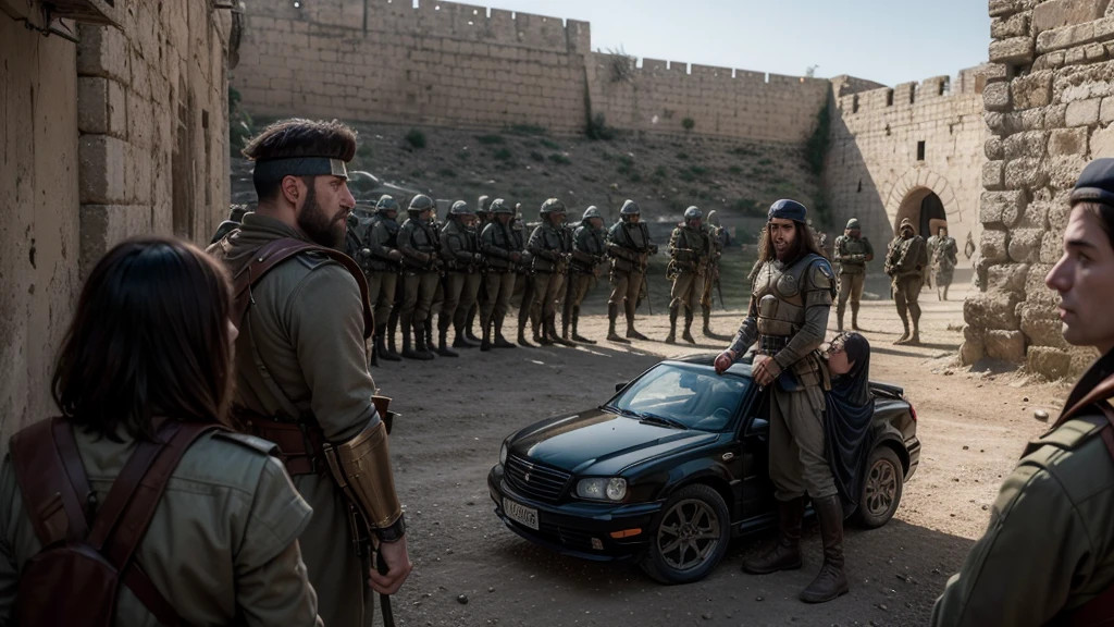 Ultra-realistic scene of Roman military presence in Israel, featuring soldiers in fortresses and on patrol. The setting includes local Hebrew people going about their daily lives under the watchful eyes of Roman guards, highlighting the tension and authority of Roman rule. All rendered in super-realism, vivid color, and high detail to meet the specifications of a photograph taken by a lens Panasonic Lumix G Leica DG Nocticron 42.5 mm f/1.2. The image aims to achieve photorealism, epic composition, depth of field, hyper-detail, and is designed for editorial photography with qualities of super-resolution 16k, UHD, HDR, and a surreal atmosphere.