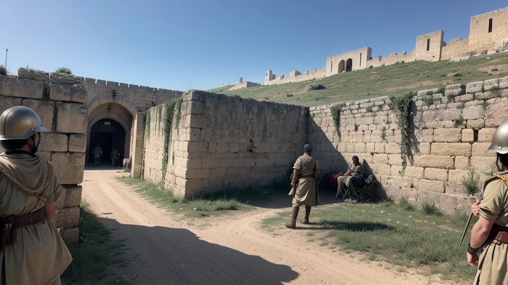 Ultra-realistic scene of Roman military presence in Israel, featuring soldiers in fortresses and on patrol. The setting includes local Hebrew people going about their daily lives under the watchful eyes of Roman guards, highlighting the tension and authority of Roman rule. All rendered in super-realism, vivid color, and high detail to meet the specifications of a photograph taken by a lens Panasonic Lumix G Leica DG Nocticron 42.5 mm f/1.2. The image aims to achieve photorealism, epic composition, depth of field, hyper-detail, and is designed for editorial photography with qualities of super-resolution 16k, UHD, HDR, and a surreal atmosphere.