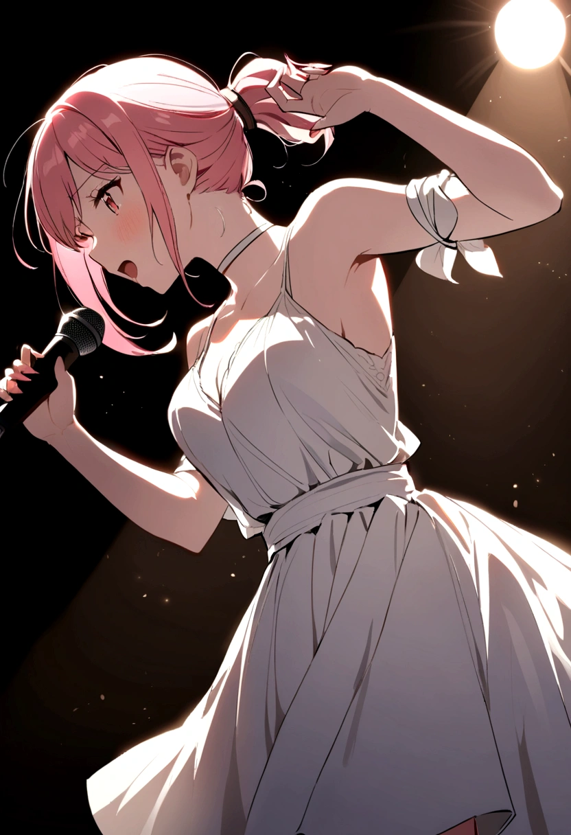 Female student,Tied up ponytail,White Dress,,Singing on stage, Stage lighting, Glare.Pink haired girl