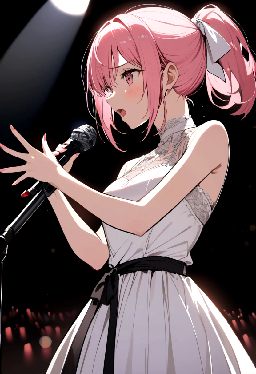Female student,Tied up ponytail,White Dress,,Singing on stage, Stage lighting, Glare.Pink haired girl