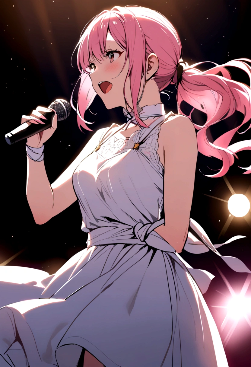 Female student,Tied up ponytail,White Dress,,Singing on stage, Stage lighting, Glare.Pink haired girl