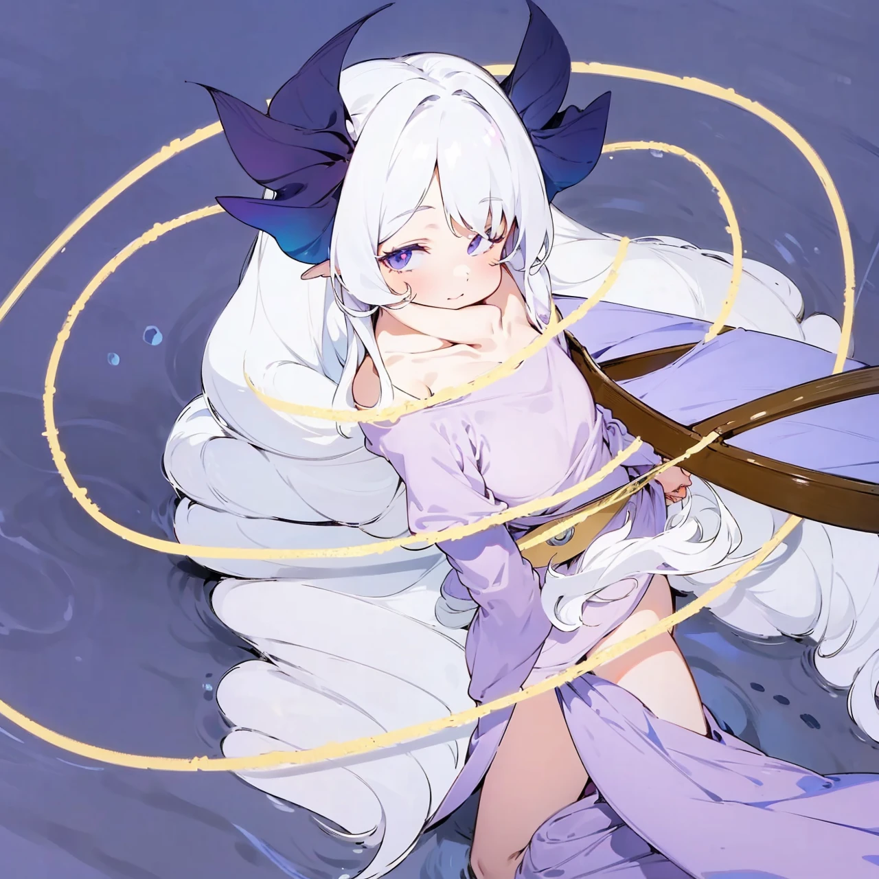 Anime girl with curly white hair with mermaid tail fins on hips,purple top and piece of long clothes, looking on the boat while guiding it with her hand as she's floating on the water