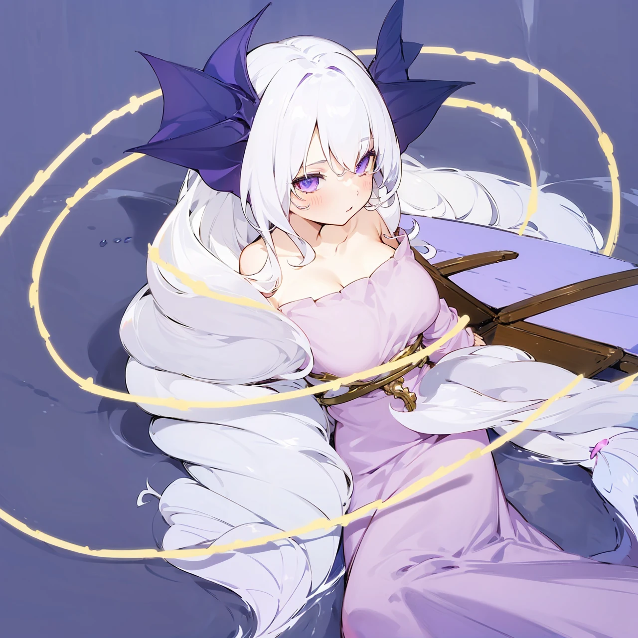 Anime girl with curly white hair with mermaid tail fins on hips,purple top and piece of long clothes, looking on the boat while guiding it with her hand as she's floating on the water