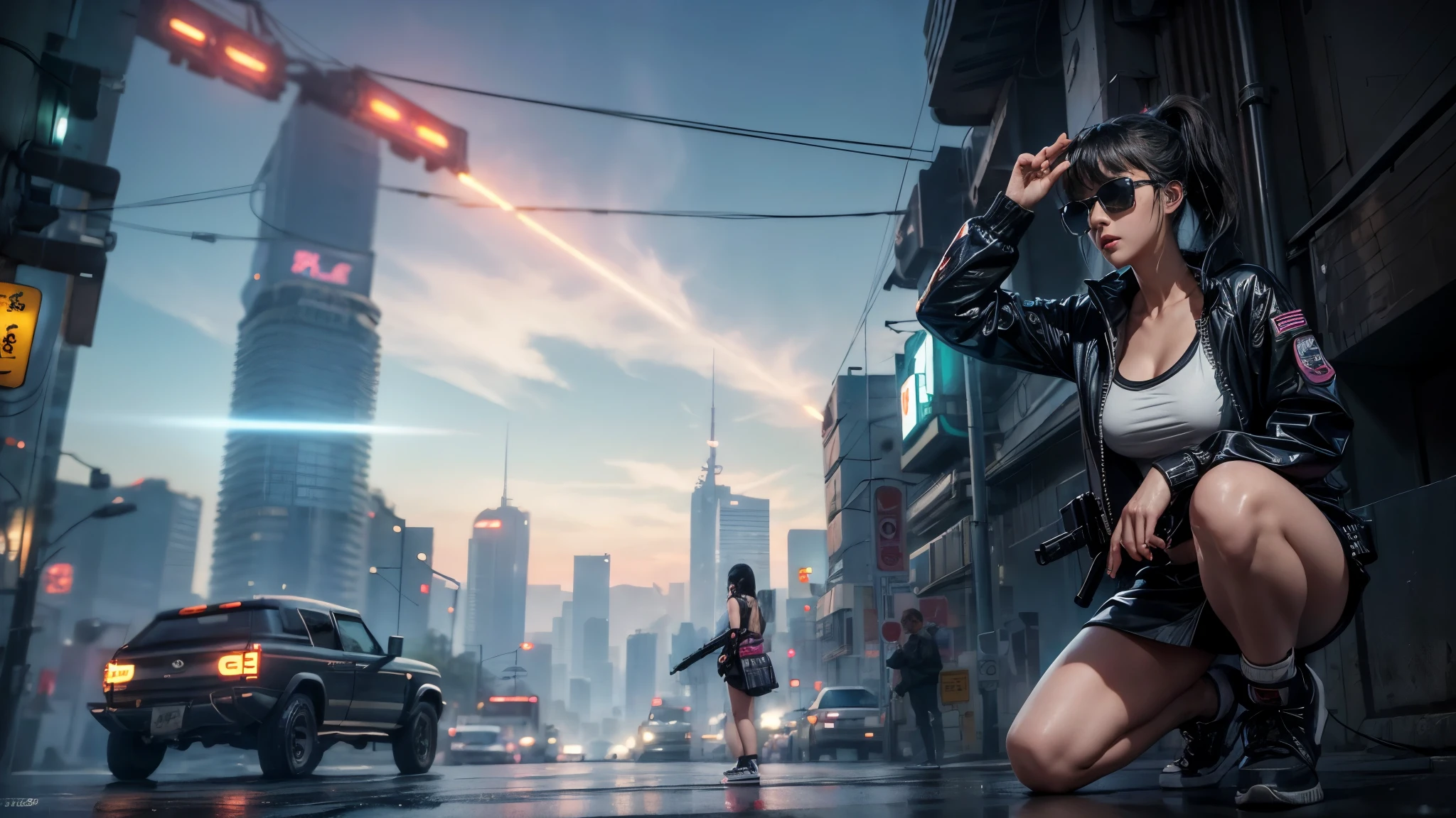 8k, Realistic Skin Texture, Realistic Photo, Neo Tokyo, slim Japanese women, large-breast:1.3 cleavage:1.2, AD2050 at night, Dirty hunting jacket, Wearing tube top, miniskirt, (((black sunglasses, automatic rifle, sneakers, cold, shooting pose, low angle view))), Innovative composition, revenge, cyberpunk, blade runner worldview, Large neon sign, Geisha hologram sign, Strong Wakamoto Sign.