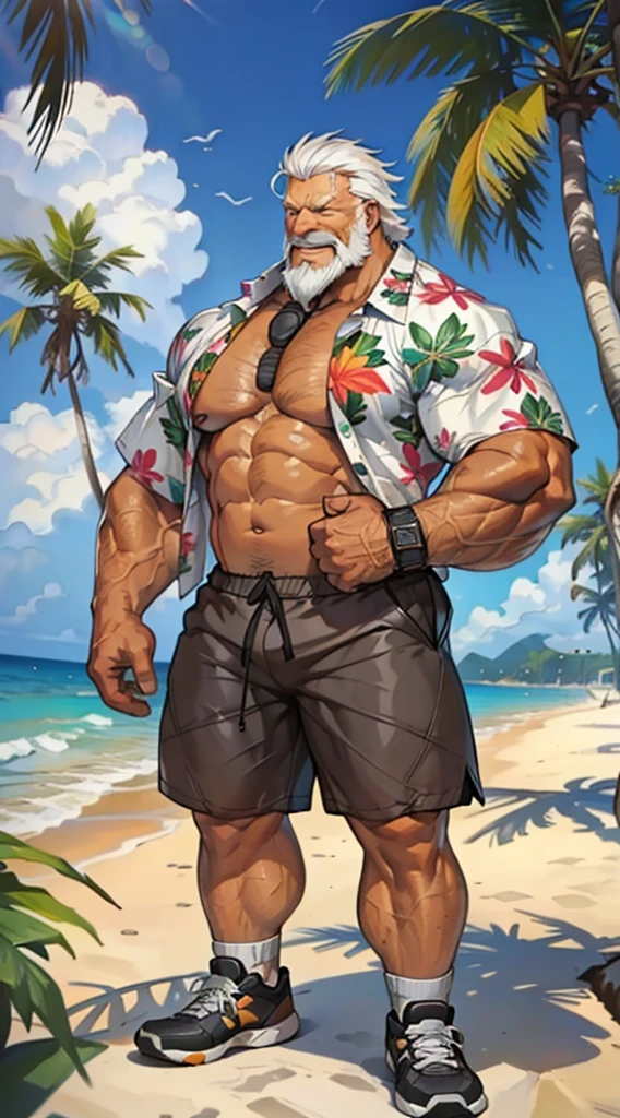 huge muscular old man in street city, smile, old man, thick arm, huge arm, bearded. white hair and beard, bearded, (muscular, pectoral, wide pectoral, thick arms), beach, palm, realistic, 8k, masterpiece, (wearing shorts and white Hawaiian shirt, shoes)