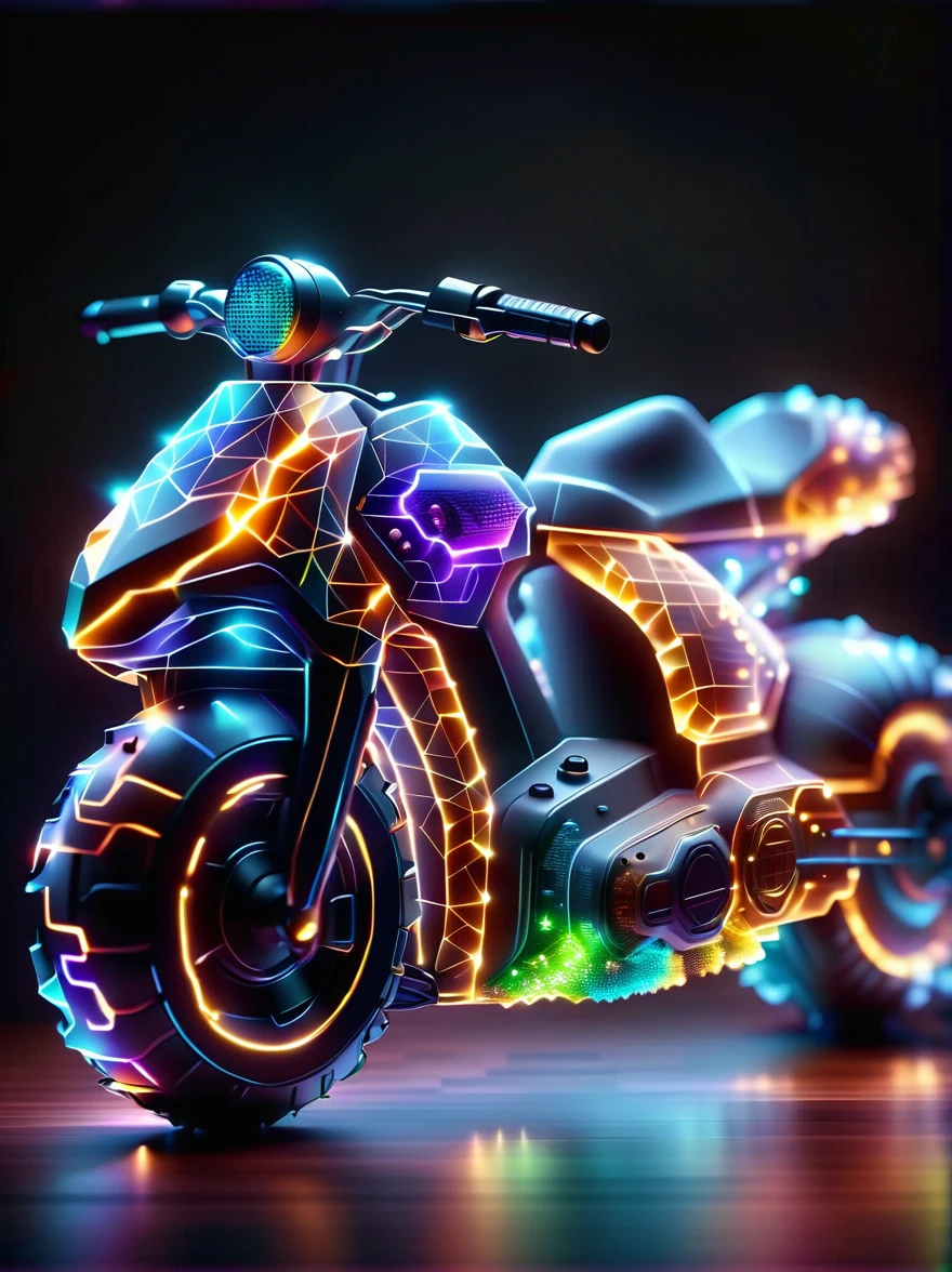 Vibrant colorful photo of low poly plasma electric neon Kirlian effect，Rendering network node visualization，Shaped like a cool motorcycle (Dissolved into circuit pixels:1.3), Sound waves propagate outward in a sinusoidal audio waveform, Detailed aura captured on film