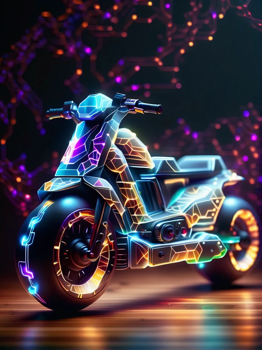 Vibrant colorful photo of low poly plasma electric neon Kirlian effect，Rendering network node visualization，Shaped like a cool motorcycle (Dissolved into circuit pixels:1.3), Sound waves propagate outward in a sinusoidal audio waveform, Detailed aura captured on film