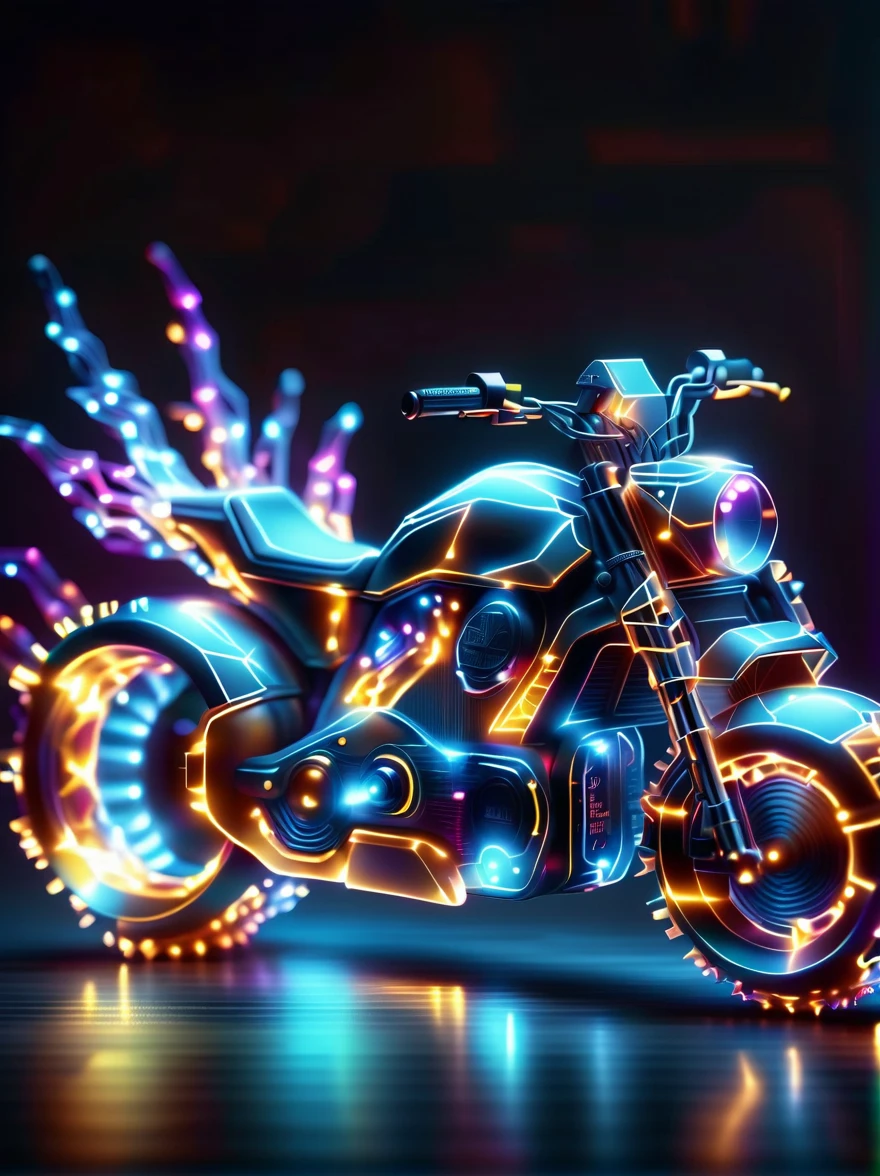 Vibrant colorful photo of low poly plasma electric neon Kirlian effect，Rendering network node visualization，Shaped like a cool motorcycle (Dissolved into circuit pixels:1.3), Sound waves propagate outward in a sinusoidal audio waveform, Detailed aura captured on film