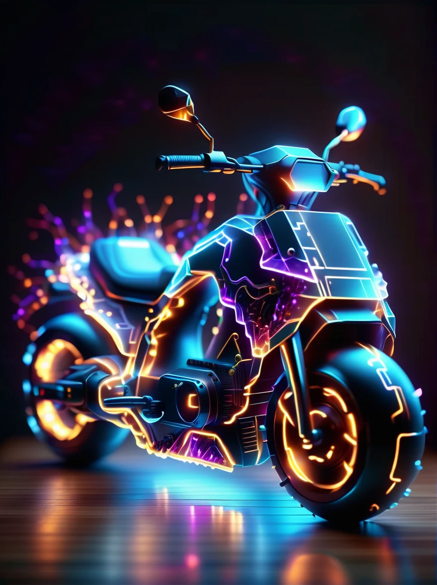 Vibrant colorful photo of low poly plasma electric neon Kirlian effect，Rendering network node visualization，Shaped like a cool motorcycle (Dissolved into circuit pixels:1.3), Sound waves propagate outward in a sinusoidal audio waveform, Detailed aura captured on film