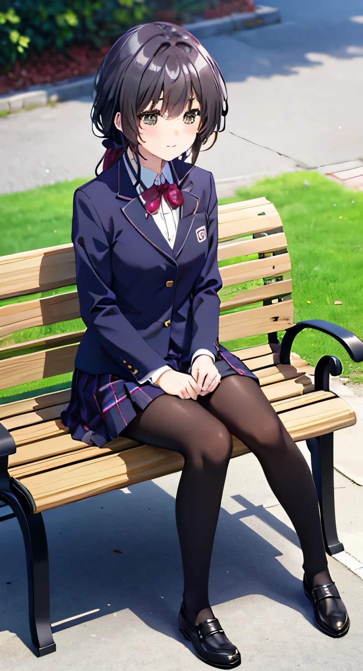 high quality, masterpiece, High resolution, (Head to Toe full body), front, frontComposition from slightly below, Symmetric, Tall 18 year old girl, alone, (Head to Toe), (Small breasts), Black Hair,  (black tights), (Black Pantyhose), (Sit with your legs apart), (Crouching pose), ( (Sit on a bench with your legs spread), (M-shaped feet), Thin legs, Very beautiful tall 18 year old girl, , smile、 Looking into the camera, blazer uniform, Checkered Pleated Skirt

