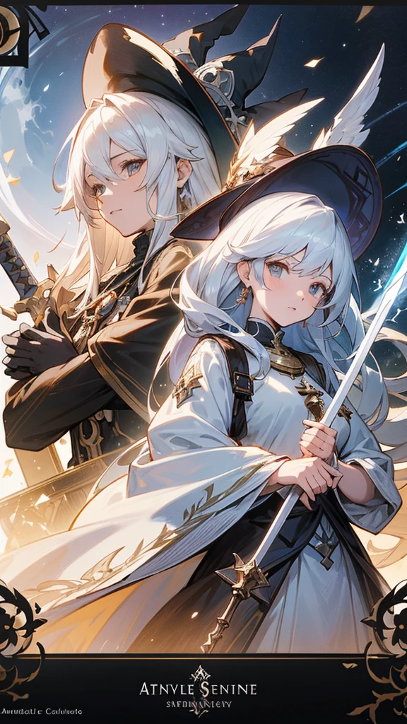 a close up of two women in costumes with swords and hats, from arknights, shadowverse style, beautiful celestial mage, artbook artwork, from bravely default ii, white haired deity, astri lohne, high detailed official artwork, lunar themed attire, granblue fantasy, marisa kirisame, detailed key anime art, cushart krenz key art feminine