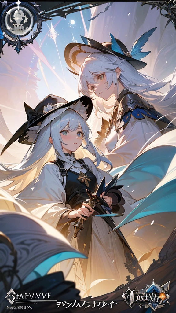 a close up of two women in costumes with swords and hats, from arknights, shadowverse style, beautiful celestial mage, artbook artwork, from bravely default ii, white haired deity, astri lohne, high detailed official artwork, lunar themed attire, granblue fantasy, marisa kirisame, detailed key anime art, cushart krenz key art feminine
