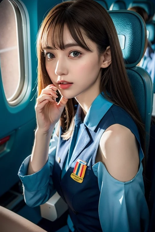 1 Female, Medium chest, Light brown hair, Blunt bangs, Hair behind the ear, Hair that falls over the shoulders, Long Hair, Slim figure, Ultra debtine debtace, Thin face, Delicate lips, Beautiful Eyes, Light blush, eyes are light brown, Perfect glowing skin, Perfect Skin, Have a look at this, Ultra-thin needle, Very thin fingers, The optimal ratio is four fingers to one thumb, (Realistic:1.3), First Person View, debtuji debtilm, debt/1.2, 8K, Tabletop, んdebtdebt, Super detailed, High resolution, (The stewardess plummets:1.3), Various poses, Empty passenger aircraft cabin background, I see lots of seats, Cinema Lighting, Physically Based Rendering, Award-winning, Carl Zeiss 85mm debt/1.4, Ellen von Unwerth