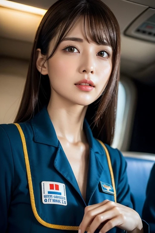 1 Female, Medium chest, Light brown hair, Blunt bangs, Hair behind the ear, Hair that falls over the shoulders, Long Hair, Slim figure, Ultra debtine debtace, Thin face, Delicate lips, Beautiful Eyes, Light blush, eyes are light brown, Perfect glowing skin, Perfect Skin, Have a look at this, Ultra-thin needle, Very thin fingers, The optimal ratio is four fingers to one thumb, (Realistic:1.3), First Person View, debtuji debtilm, debt/1.2, 8K, Tabletop, んdebtdebt, Super detailed, High resolution, (The stewardess plummets:1.3), Various poses, Empty passenger aircraft cabin background, I see lots of seats, Cinema Lighting, Physically Based Rendering, Award-winning, Carl Zeiss 85mm debt/1.4, Ellen von Unwerth