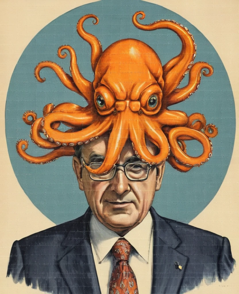 An orange octopus-headed politician on top of a podium 