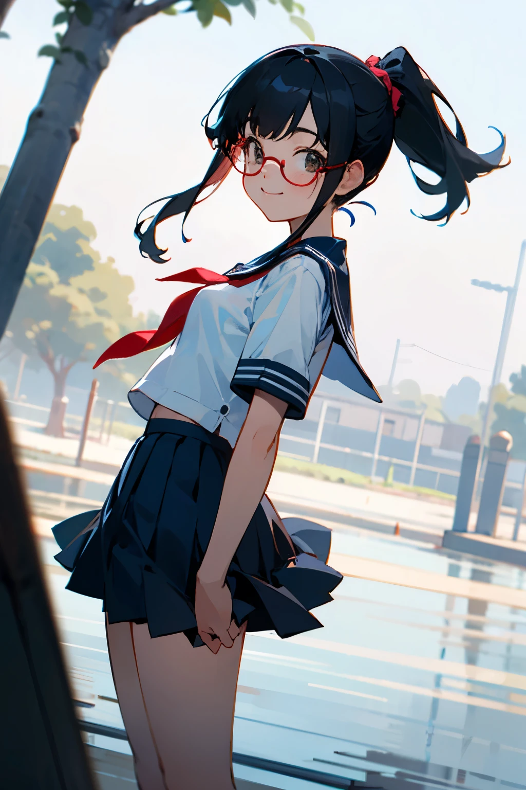 In the best quality、Teenage girl standing outdoors。In high resolution、Beautiful details、Quiet atmosphere。Black hair ponytail、Glasses、Cute Smile.。Small breasts、Short-sleeved sailor uniform、Pleated skirt。
