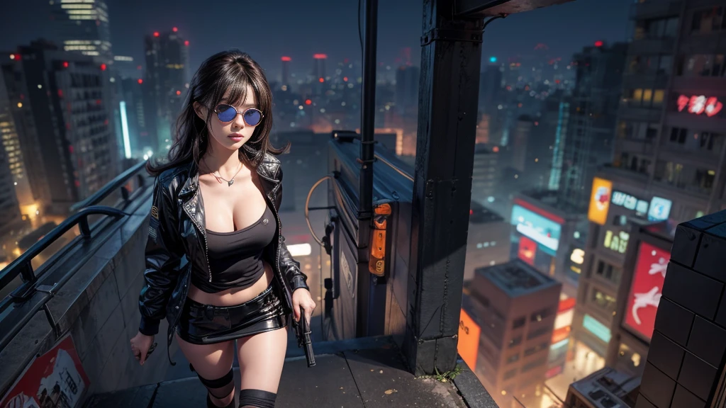 ８k, Realistic Skin Texture, Realistic Photo, Neo Tokyo, slim Japanese women, large-breast:1.3 cleavage, ＡＤ2050 at night, Dirty hunting jacket, Wearing shirt, miniskirt, (((micro black sunglasses, automatic rifle, sneakers, cold, shooting pose, low angle view))), Innovative composition, revenge, An old 1966 Ford Bronco that looks out of place in a city, cyberpunk, blade runner worldview, Large neon sign, Geisha hologram sign, Strong Wakamoto Sign.