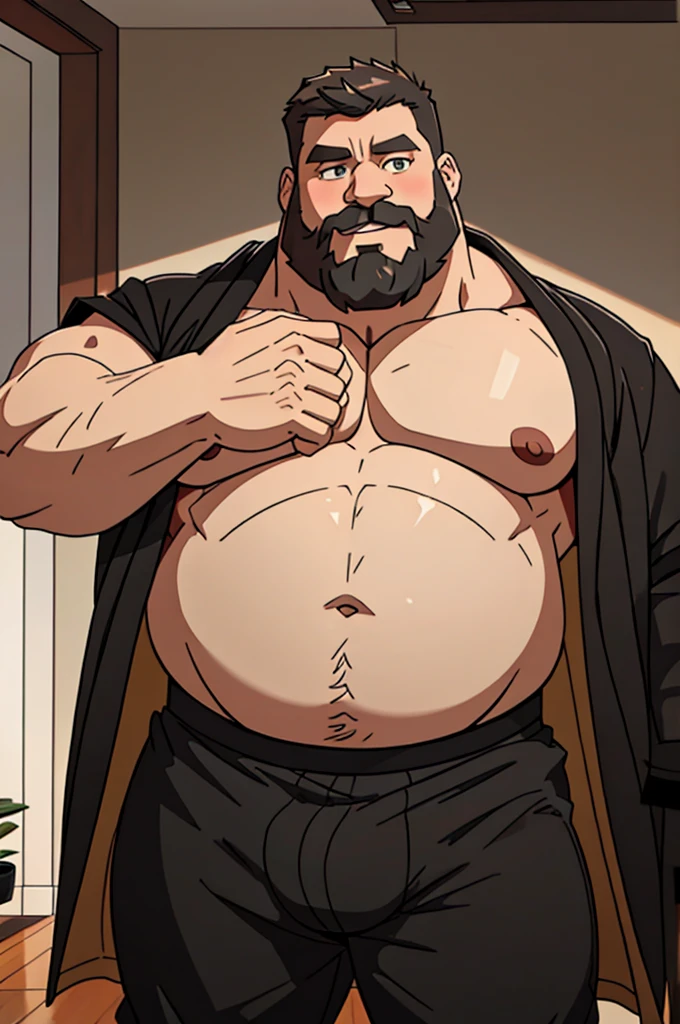 40 years old white Male, tall, giant body, handsome, dad bod, beefy, strong arms and legs, wide shoulders, a bit chubby muscle gut, a bit of fat but still very muscular, extremely hairy, short beard, wearing a black bathrobe with long sleeves, wearing a short black boxer brief, unrealistic oversized big bulge, barefoot, smirking, modern minimalist living room