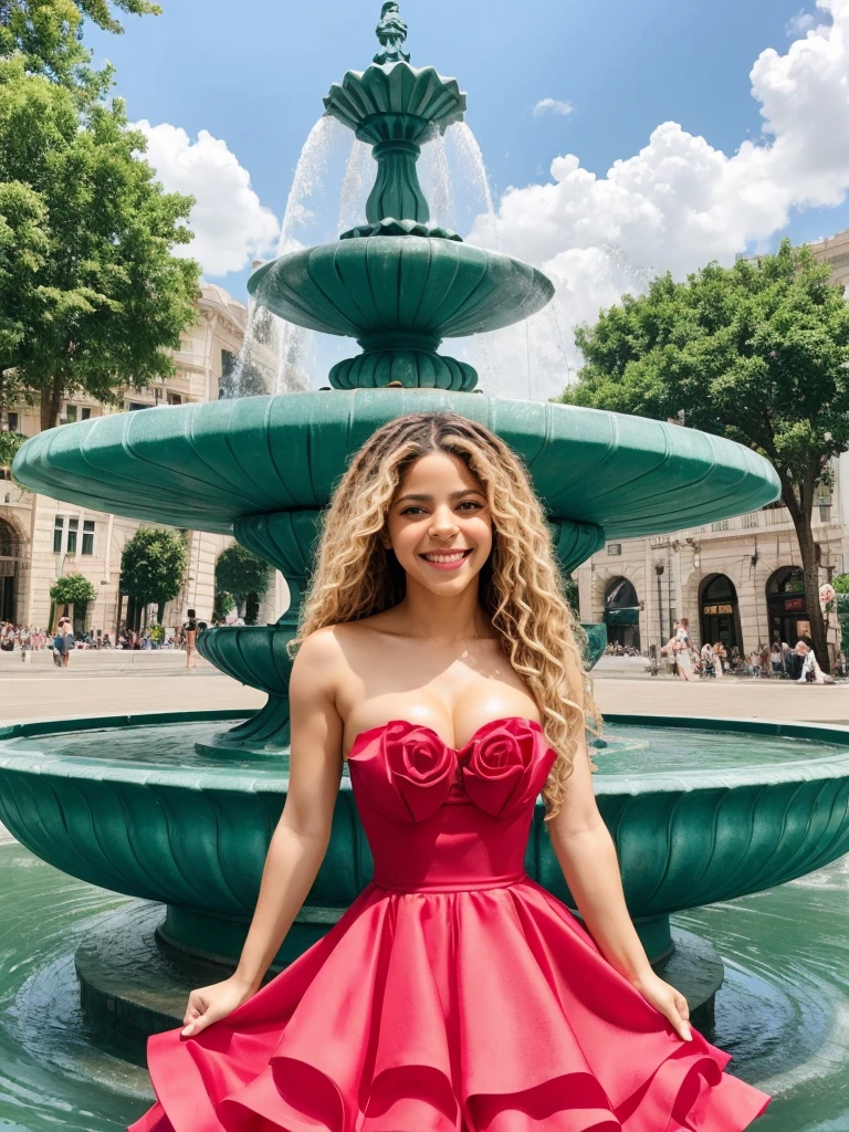 Beautiful Shakira, smiling happily, wear strapless lily-shaped dress, pose at the city fountain