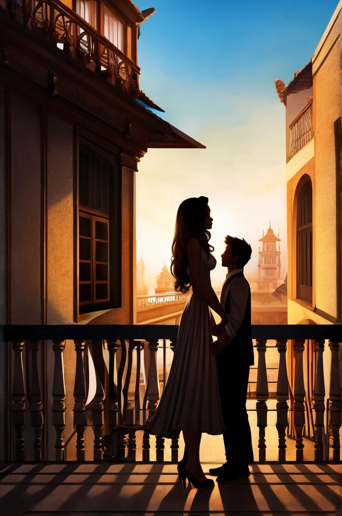 A house with a balcony and on the balcony a silhouette of a woman and a man holding hands