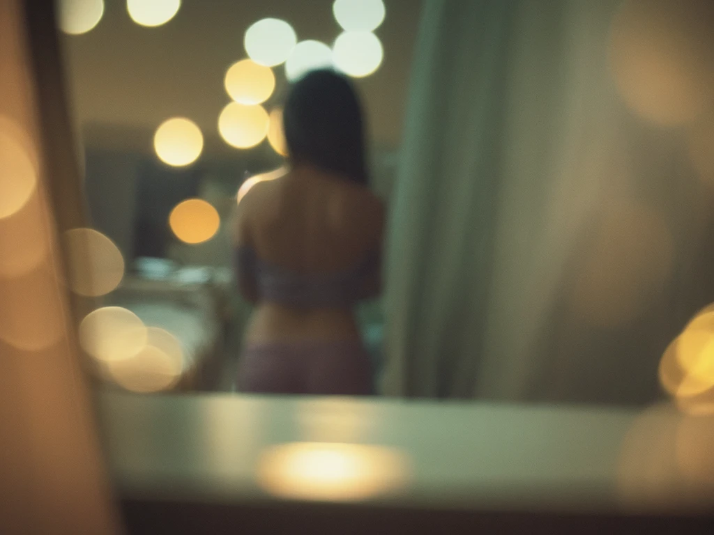 Voyeur , (old color negative film) , (soft focus) , (Bokeh:1.5) , woman , woman's messy room , (Activities of daily living) , underwear , looking away , Change underwear