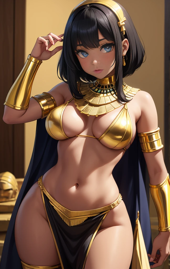 girl, With big breasts, with Egyptian style clothing, with gold, short black hair, ebony dark skin, blue eyes,