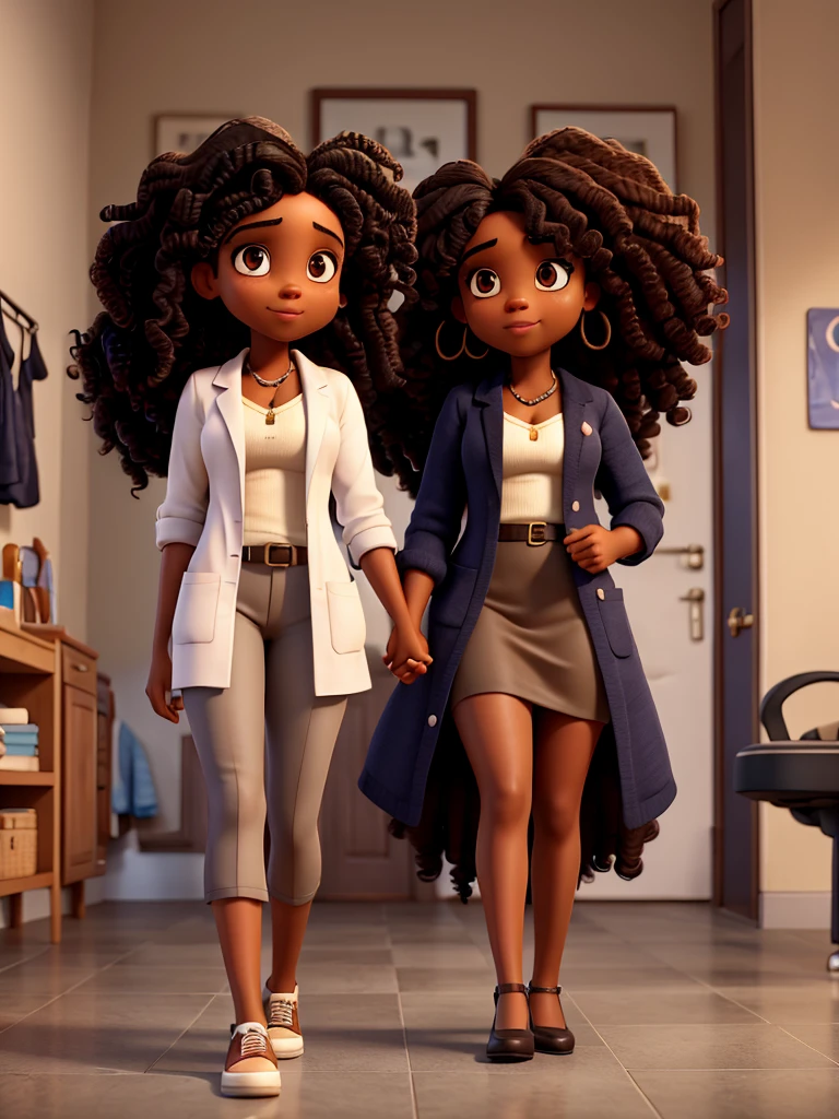 Black woman doctor with big curly hair holding hands with strong brunette man black hair social cut
