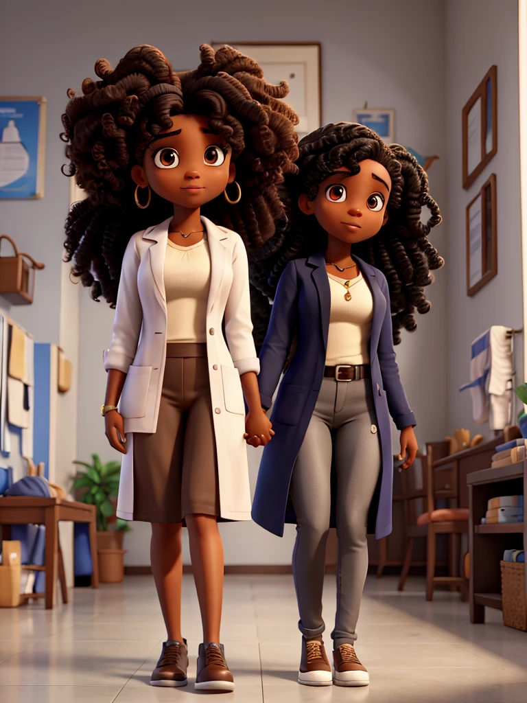Black woman doctor with big curly hair holding hands with strong brunette man black hair social cut