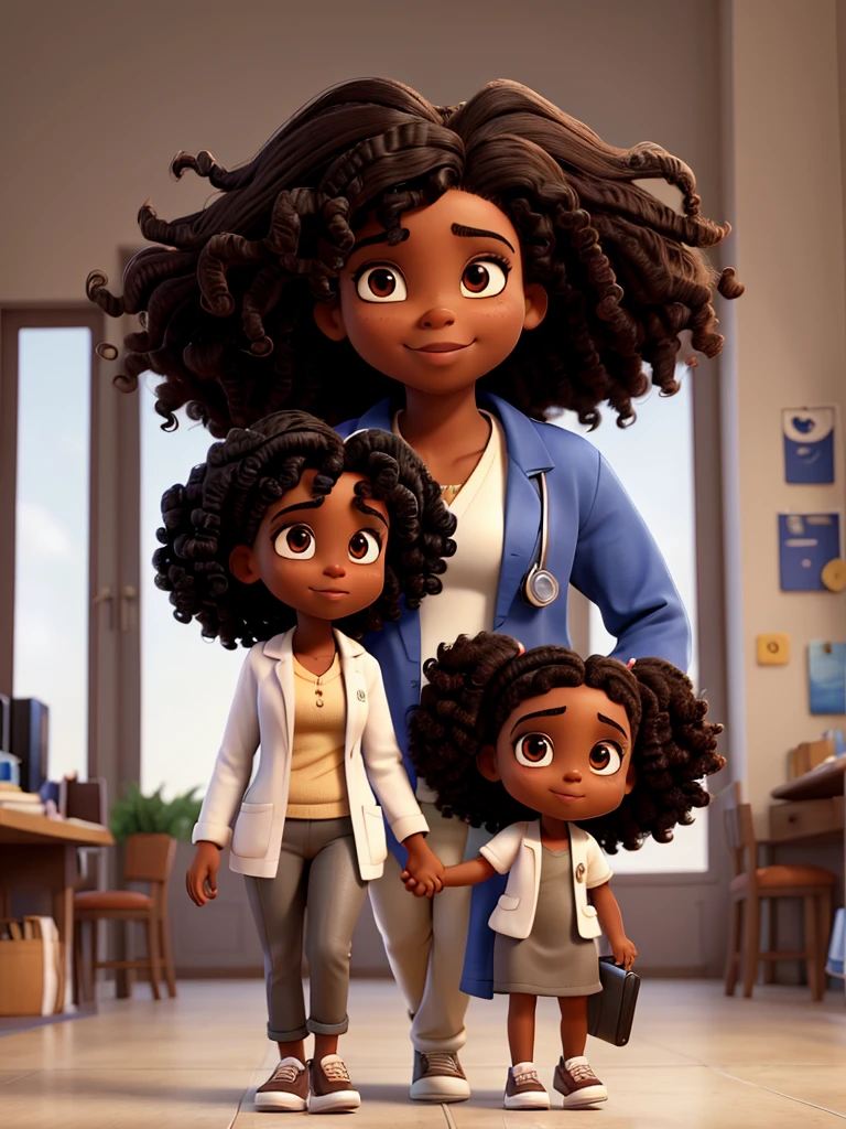 Black woman doctor with big curly hair holding hands with strong brunette man black hair social cut
