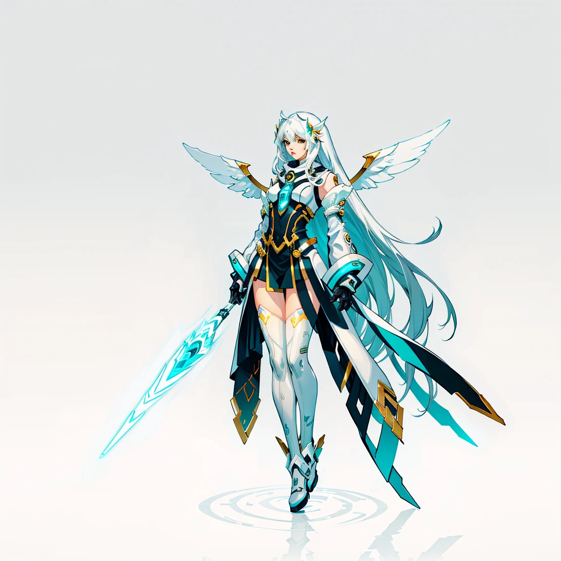 (((full body photo)))Guardian, Angel, Female, Android, white long hair, full body shot, no background, gradation