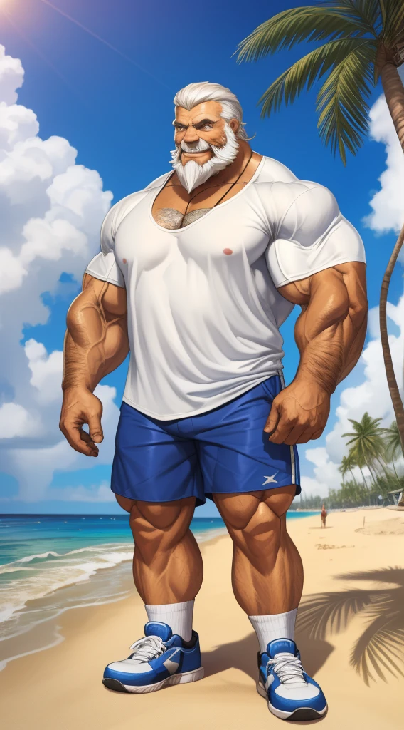 huge muscular old man in street city, big smile, old man, thick arm, huge arm, bearded. white hair and beard, bearded, (muscular, pectoral, wide pectoral, thick arms), beach, palm, realistic, 8k, masterpiece, (wearing white shorts and white shirt, shoes)