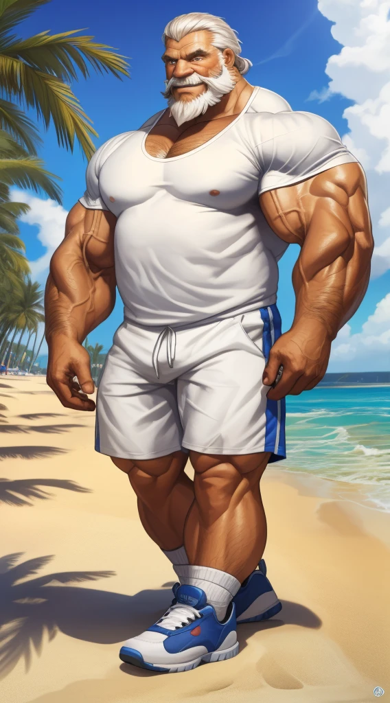 huge muscular old man in street city, big smile, old man, thick arm, huge arm, bearded. white hair and beard, bearded, (muscular, pectoral, wide pectoral, thick arms), beach, palm, realistic, 8k, masterpiece, (wearing white shorts and white shirt, shoes)