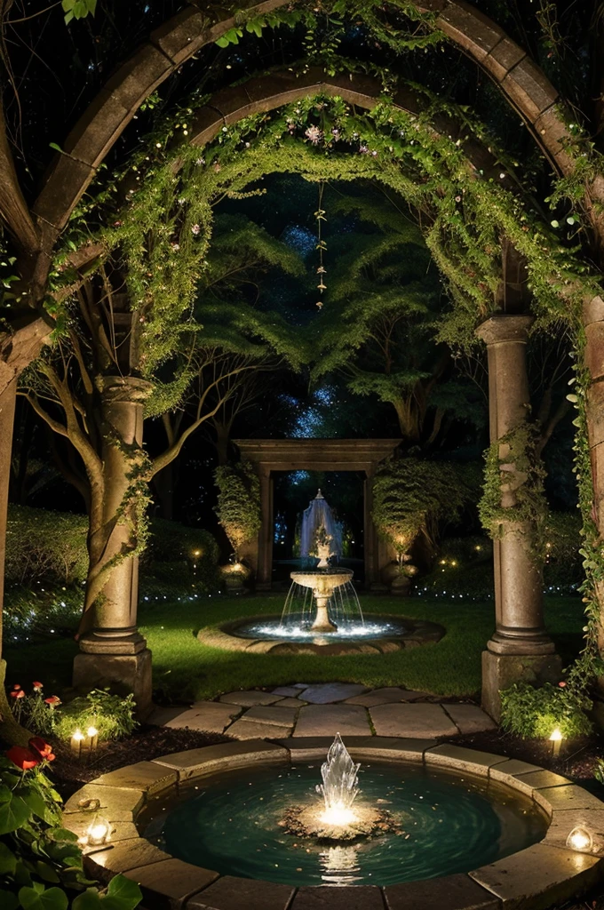 Enter through an ivy-covered gate into a magical garden with shimmering flowers, ancient trees, and a crystal-clear brook. Glowing mushrooms and fireflies add enchantment. At the center, an old stone fountain surrounded by fragrant roses invites exploration.