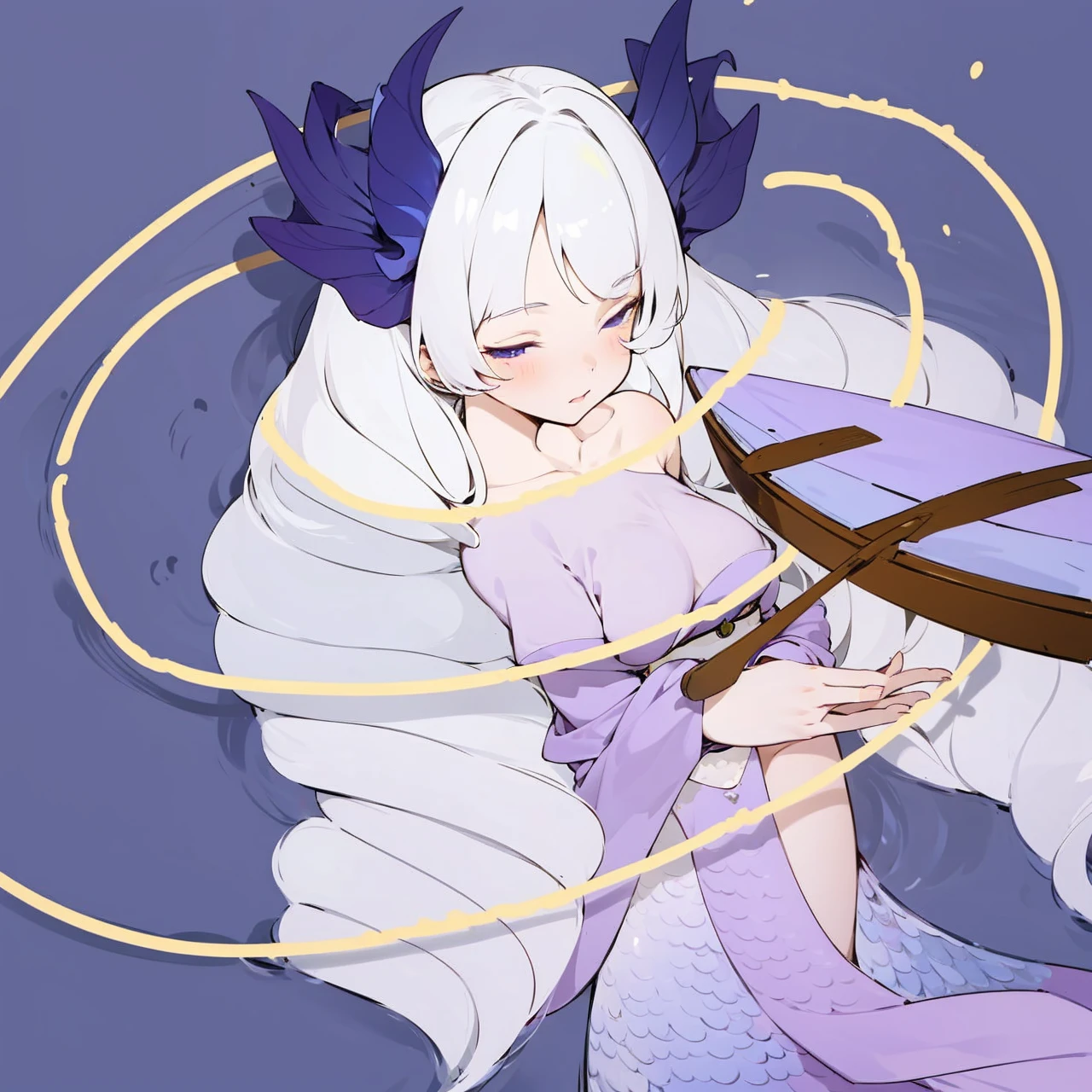 Anime girl with curly white hair with mermaid tail fins on hips,purple top and piece of long clothes, looking on the boat while guiding it with her hand as she's floating on the water