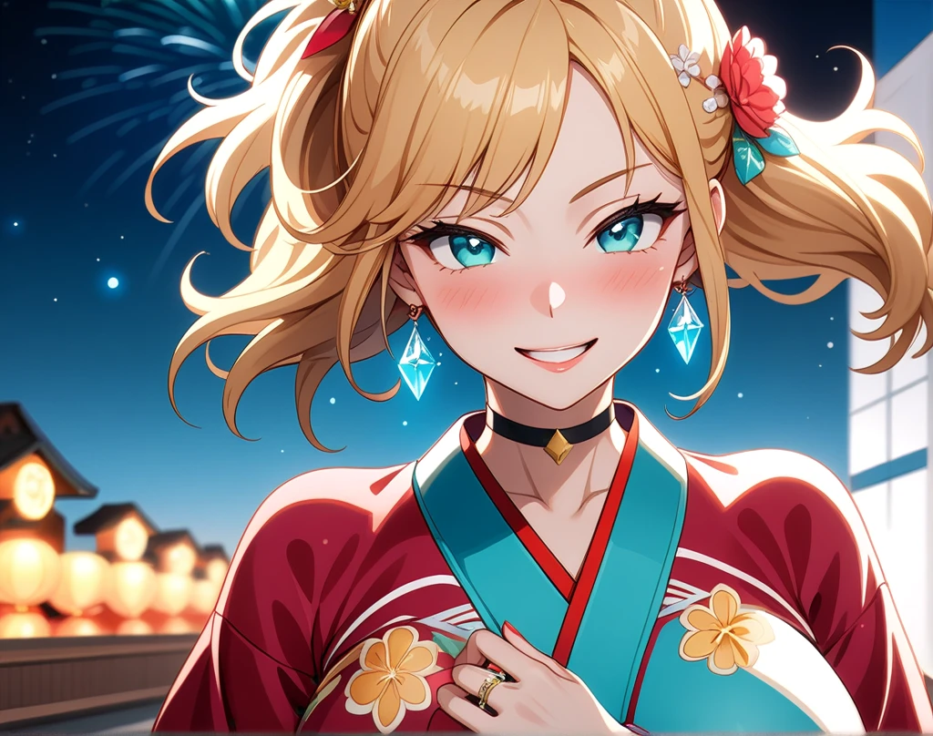 ((One personの女性)), Beautiful Face,(Laughing embarrassedly), (naughty face:1.2), ((Wink:1.9)), (head tilt:1.3), Laughing with your mouth open, upper teeth, ((full-face blush:1.5)), looking at viewer, Glossy Red Lips, (Shining Face), ((Anime style background)) , night, Observatory, Festival decorations, firework, ,masterpiece, Highest quality, so beautiful,up to date, Complex details, (Pink long nails),(ring),(bracelet),(choker),AI-generated, Complex,High resolution, Highest quality, super high quality,3D Images、3D Images,One person,Long blonde hair,ponytail, wavy hair ,写真のポーズをとるAnime Women, ((Fine grain、Turquoise Eyes、Shining Eyes:1.4)), (Squint your eyes:1.1),a hyperRealistic , hyperRealistic , Realistic,Anime Women, Smooth anime CG art, A woman in a colorful kimono with gold embroidery, (Pink long sleeve kimono),Red floral pattern,Long flower hair ornament,Earrings,Mature Body,(Big Breasts:1.1),Tall,Abdominal muscles,Tight waist,(face focus:1.5), ((front view)),