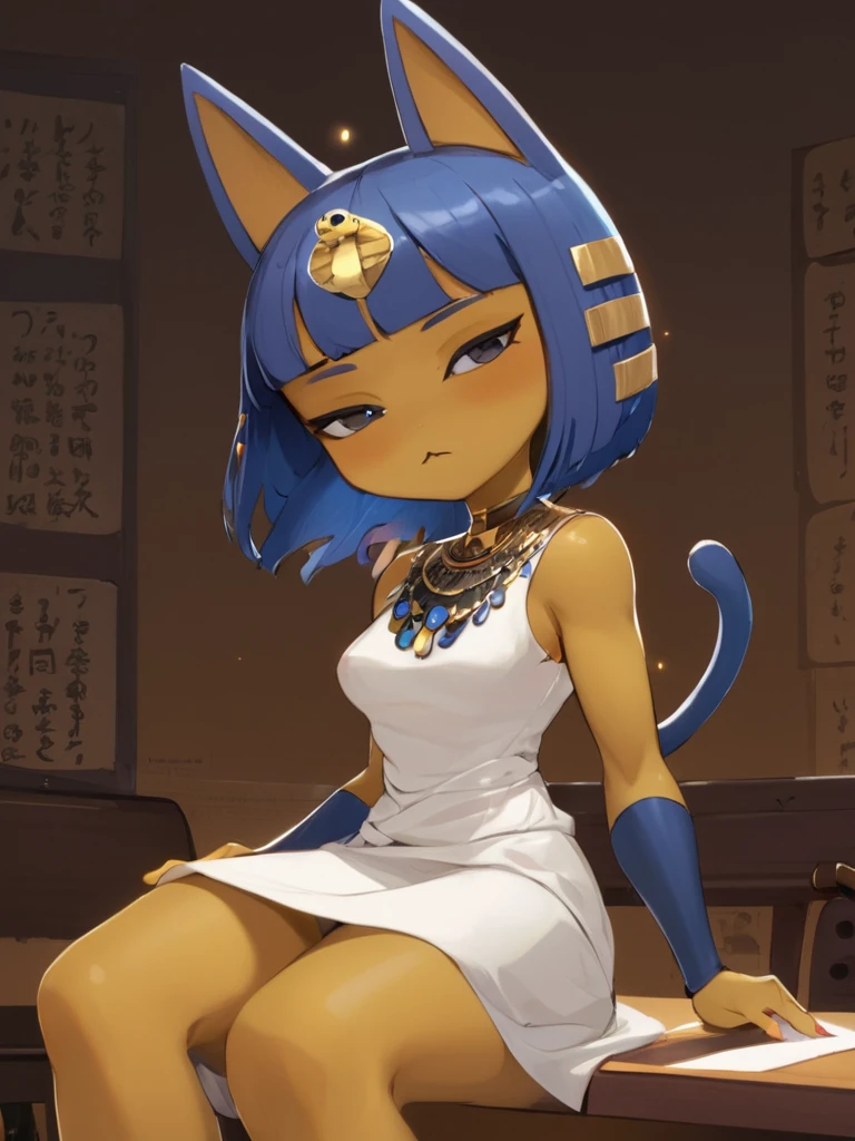 Eye, Animal Crossing Muscle,  hairy, Blue Hair, Hair accessories, Yellow skin, 黑Eye, White Dress, Tail, Looking at the audience, Serious, Cross your legs, from_below, His sofa, Inside the living room, Hieroglyphics, high quality, masterpiece, 1 Girl，Cat ears，Dark skin tone的女性，Dark skin tone，clothing，earrings，Jackal ears，Jewelry，Long hair, White Dress, Sit at your desk, She wrote a heartfelt letter, Her expression is both nostalgic and wistful, Dramatic Lighting, Detailed background, masterpiece, best quality, high quality, absurd, The award-winning, professional, Very detailed