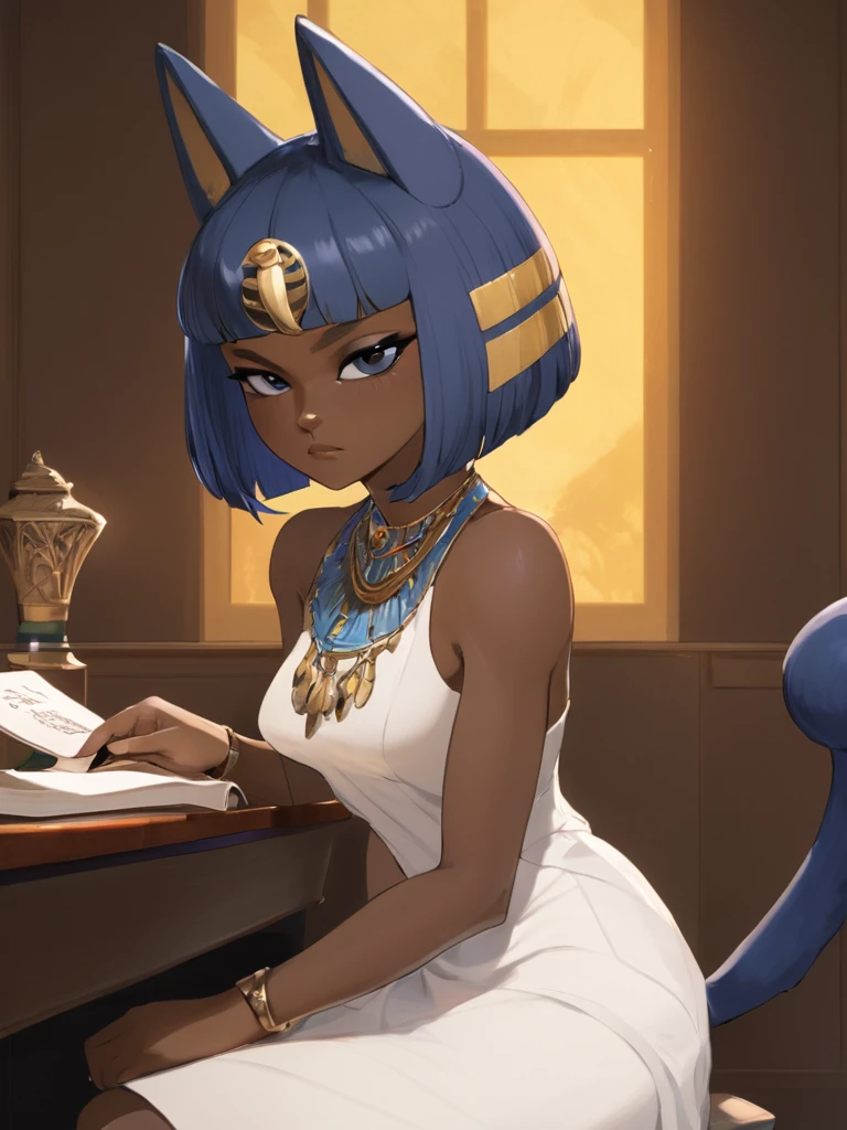 Eye, Animal Crossing Muscle,  hairy, Blue Hair, Hair accessories, Yellow skin, 黑Eye, White Dress, Tail, Looking at the audience, Serious, Cross your legs, from_below, His sofa, Inside the living room, Hieroglyphics, high quality, masterpiece, 1 Girl，Cat ears，Dark skin tone的女性，Dark skin tone，clothing，earrings，Jackal ears，Jewelry，Long hair, White Dress, Sit at your desk, She wrote a heartfelt letter, Her expression is both nostalgic and wistful, Dramatic Lighting, Detailed background, masterpiece, best quality, high quality, absurd, The award-winning, professional, Very detailed