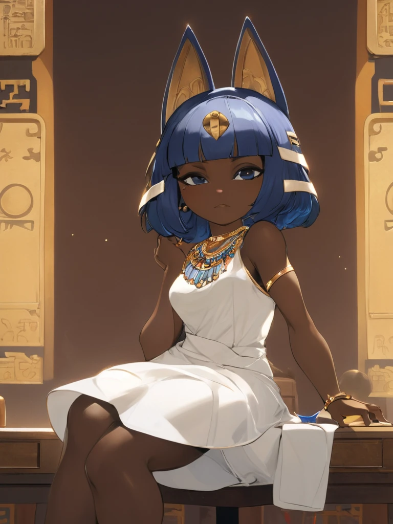 Eye, Animal Crossing Muscle,  hairy, Blue Hair, Hair accessories, Yellow skin, 黑Eye, White Dress, Tail, Looking at the audience, Serious, Cross your legs, from_below, His sofa, Inside the living room, Hieroglyphics, high quality, masterpiece, 1 Girl，Cat ears，Dark skin tone的女性，Dark skin tone，clothing，earrings，Jackal ears，Jewelry，Long hair, White Dress, Sit at your desk, She wrote a heartfelt letter, Her expression is both nostalgic and wistful, Dramatic Lighting, Detailed background, masterpiece, best quality, high quality, absurd, The award-winning, professional, Very detailed