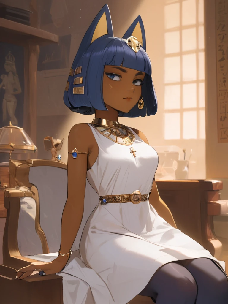 Eye, Animal Crossing Muscle,  hairy, Blue Hair, Hair accessories, Yellow skin, 黑Eye, White Dress, Tail, Looking at the audience, Serious, Cross your legs, from_below, His sofa, Inside the living room, Hieroglyphics, high quality, masterpiece, 1 Girl，Cat ears，Dark skin tone的女性，Dark skin tone，clothing，earrings，Jackal ears，Jewelry，Long hair, White Dress, Sit at your desk, She wrote a heartfelt letter, Her expression is both nostalgic and wistful, Dramatic Lighting, Detailed background, masterpiece, best quality, high quality, absurd, The award-winning, professional, Very detailed