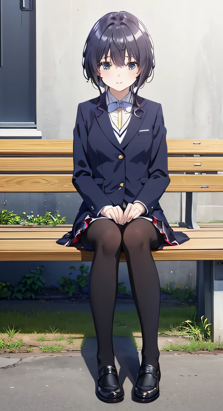  masterpiece, High resolution, (Head to Toe full body), front, frontComposition from slightly below, Symmetric, Tall 18 year old girl, alone, (Head to Toe), (Small breasts), Black Hair, (black tights), (Black Pantyhose), (Sit with your legs apart), (Crouching pose), ( (Sit on a bench with your legs spread), (M-shaped feet), Thin legs, Very beautiful tall 18 year old girl, , smile、 Looking into the camera, blazer uniform, Checkered Pleated Skirt
