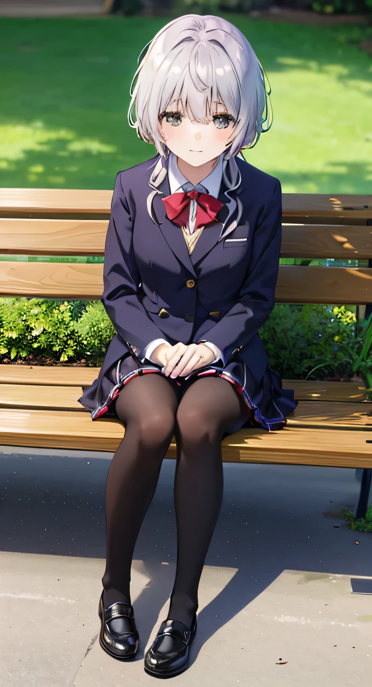  masterpiece, High resolution, (Head to Toe full body), front, frontComposition from slightly below, Symmetric, Tall 18 year old girl, alone, (Head to Toe), (Small breasts), Black Hair, (black tights), (Black Pantyhose), (Sit with your legs apart), (Crouching pose), ( (Sit on a bench with your legs spread), (M-shaped feet), Thin legs, Very beautiful tall 18 year old girl, , smile、 Looking into the camera, blazer uniform, Checkered Pleated Skirt
