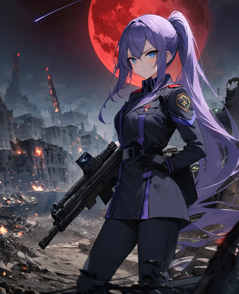 Facing forward　girl　Military uniforms with a white base and some black　Spectacular Background　A shooting star is falling　Beautiful night view　　　She is on the right　On the left you can see the destroyed city.　He has a gun　　　服にはplaneが描かれています　背景の上部にはFighterが飛んでいます　Red Moon　blue eyes　　There is one person　Purple long hair　　war　I'm wearing pants　Precision　masterpiece　girlにクローズアップ　girlを正面から見ています　ponytail　long hair　soldier　battlefield　{超Precision} Satanic　She's angry　But I&#39;m angry　Hanging eyes　Anime Style　 {war} {Gunfight} {Fighterの擬人化} Fighter　tank　Battleship　plane　Thunder Day　Mechanical Man　宇宙Battleshipヤマトの武装をつけています　A dignified expression　F-16Fighterの翼を背中につけています　tankがいます　Clolinde　Genshin Impact