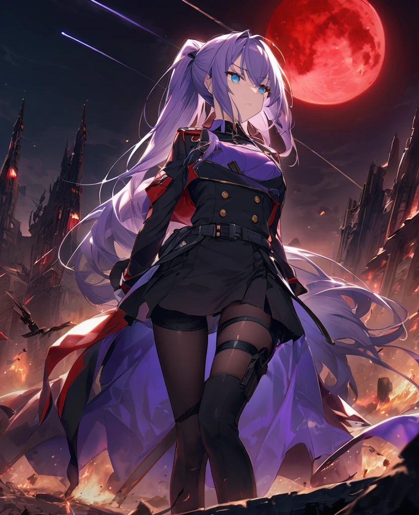 Facing forward　girl　Military uniforms with a white base and some black　Spectacular Background　A shooting star is falling　Beautiful night view　　　She is on the right　On the left you can see the destroyed city.　He has a gun　　　服にはplaneが描かれています　背景の上部にはFighterが飛んでいます　Red Moon　blue eyes　　There is one person　Purple long hair　　war　I'm wearing pants　Precision　masterpiece　girlにクローズアップ　girlを正面から見ています　ponytail　long hair　soldier　battlefield　{超Precision} Satanic　She's angry　But I&#39;m angry　Hanging eyes　Anime Style　 {war} {Gunfight} {Fighterの擬人化} Fighter　tank　Battleship　plane　Thunder Day　Mechanical Man　宇宙Battleshipヤマトの武装をつけています　A dignified expression　F-16Fighterの翼を背中につけています　tankがいます　Clolinde　Genshin Impact