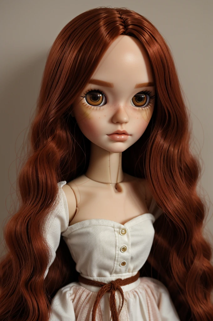a surreal looking Blythe doll with long red hair, Brown eyes, no hair on forehead