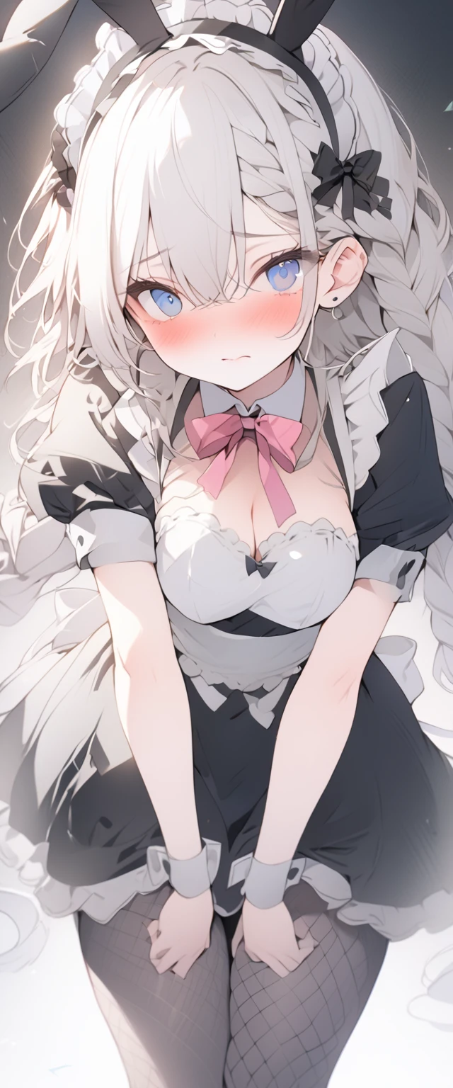 beautiful, masterpiece, Highest quality, anime, One girl, C Cup,Portrait Shot, View your viewers, Covered、Long Hair、nearby、Blue Eyes、art、、White hair,black streaked hair, dark atmosphere、Thighs、Braid、Bunny Maid、Fishnet tights、Embarrassed