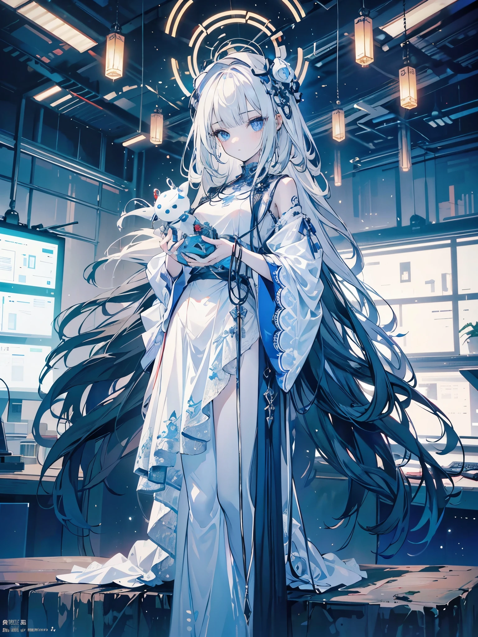 there is a woman standing in a room with many alien statues, elle fanning as an android, 2 0 2 1 Cinematic 4K Frame Capture, James Jean e Fenghua Zhong, eiko ishioka, still promotional, porcelain, beat, machine --air 16:9