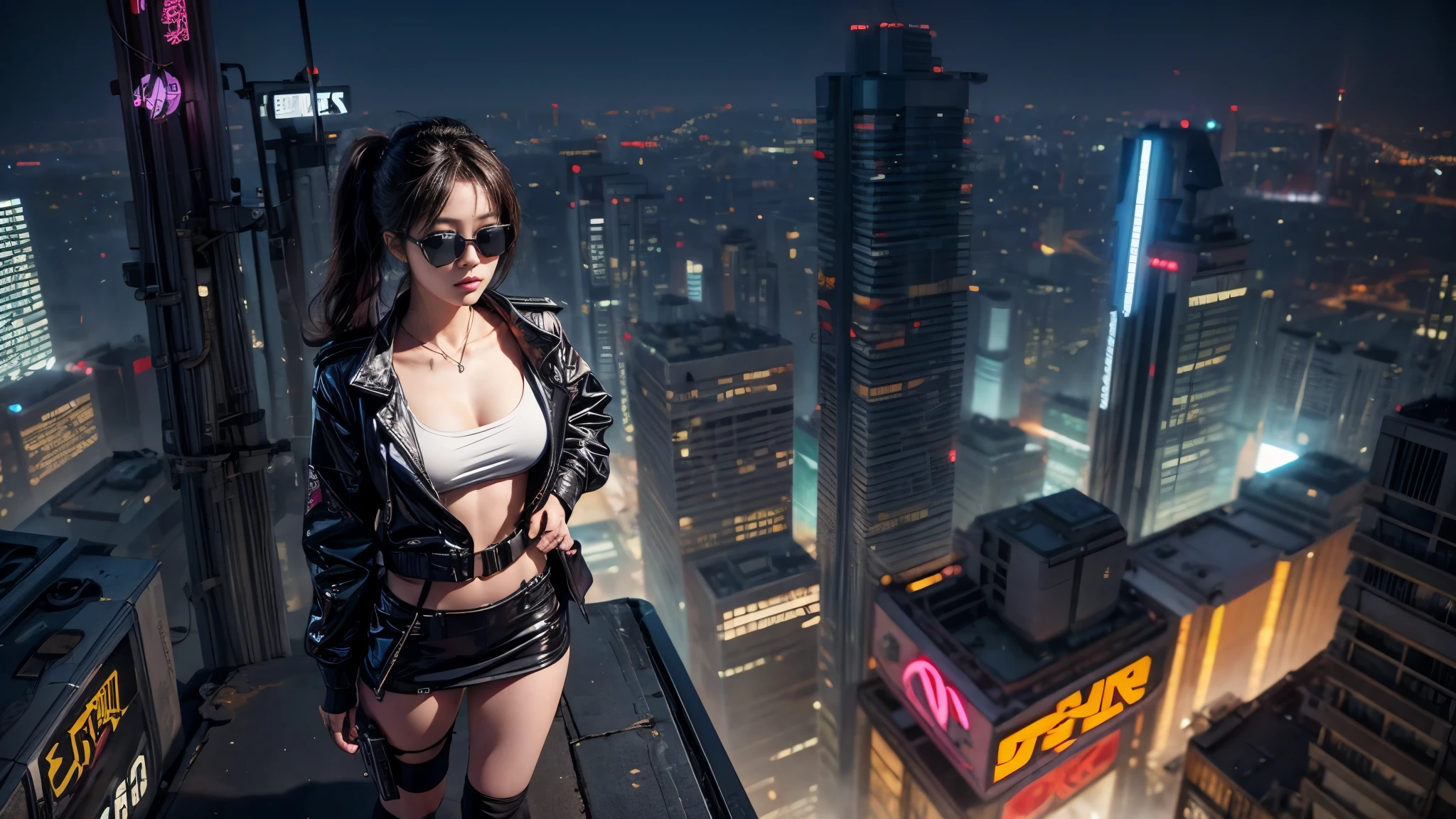 UE 5, computer render, Rendered by Octane, (8K, tmasterpiece), (realistically, Photo degree:1) luminescent concept art, (((((aerial view))))) of Cyberpunk city scene, ((Surreal circuit architecture)), (((((supercars street racing, 1 drone))))). Matrix style, (((((Matrix cascading code))))), (((((a futuristic twin tower skyscraper with a unique twisted design))))), (((((OLED GUI interfaces in the building))))), at night, (((((1girl, solo))))), photo realistic, (((large-breast:1.2 slim body, cleavage))), (((off torn mini matrix-code sling-shirt and black sling bra, extreamly short pleated matrix-code miniskirt exposing panty))), (((((running pose))))), (((((((matrix style black micro sunglasses))))))), ((((((((((aiming with a short gun)))))))))), (((((looking at camera))))), (((very low view))), (((((half-body thigh level medium shot))))), (((cinematic lighting))).